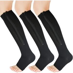 3 Pairs Zipper Compression Socks Women Open Toe Black L/XL